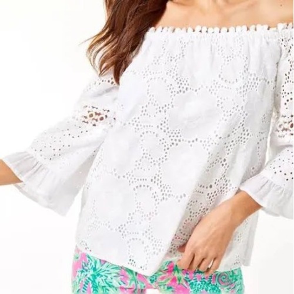Lilly Pulitzer White Cotton Eyelet Off The Shoulder Top XS 3/4 Bell Sleeve Lace